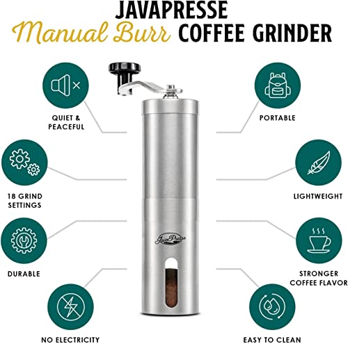 JavaPresse Manual Coffee Grinder — Stainless Steel Manual Conical Burr Coffee Bean Grinder with Hand Crank and 18 Adjustable Settings, Fine to Coarse — Portable Espresso Grinder for Camping or Travel