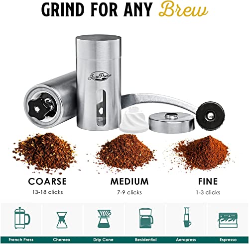 JavaPresse Manual Coffee Grinder — Stainless Steel Manual Conical Burr Coffee Bean Grinder with Hand Crank and 18 Adjustable Settings, Fine to Coarse — Portable Espresso Grinder for Camping or Travel