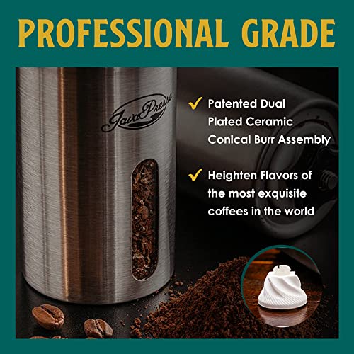 JavaPresse Manual Coffee Grinder — Stainless Steel Manual Conical Burr Coffee Bean Grinder with Hand Crank and 18 Adjustable Settings, Fine to Coarse — Portable Espresso Grinder for Camping or Travel
