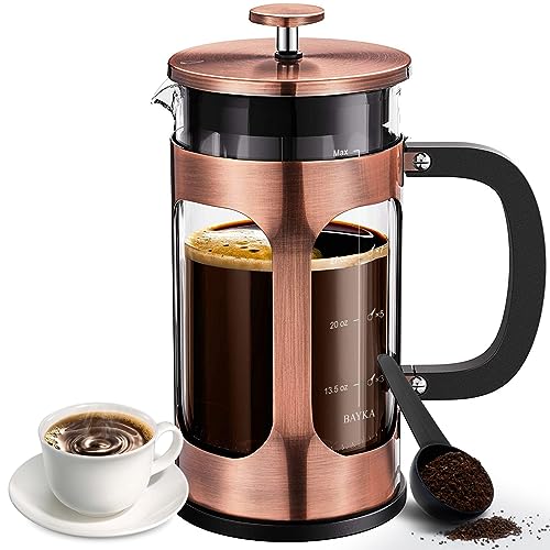 BAYKA 34 Ounce 1 Liter French Press Coffee Maker, Glass Classic Copper Stainless Steel Coffee Press, Cold Brew Heat Resistant Thickened Borosilicate Coffee Pot for Camping Travel Gifts