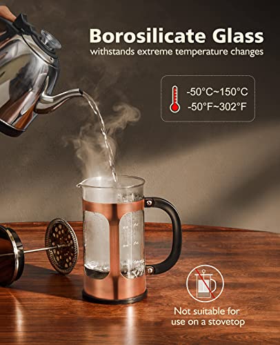 BAYKA 34 Ounce 1 Liter French Press Coffee Maker, Glass Classic Copper Stainless Steel Coffee Press, Cold Brew Heat Resistant Thickened Borosilicate Coffee Pot for Camping Travel Gifts